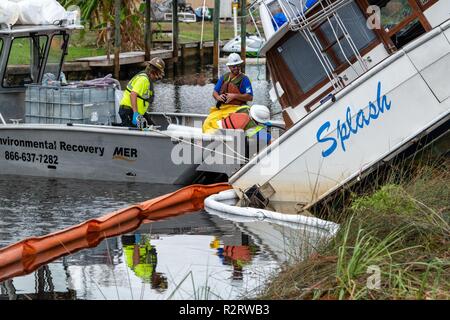 Lynn Haven, FL., Nov. 7, 2018 -- NOAA bietet Hilfe bei der Küstenwache in ihren Bemühungen zur Bekämpfung der Verschmutzung. Sogar eine kleine Version von Schiffskraftstoffen in sensiblen ökologischen Gebieten kann erhebliche negative Folgen für die Umwelt haben. Vielen verlassenen Schiffe noch Treibstoff und andere gefährliche Materialien an Bord. Die Küstenwache Boote sind ausgestattet Kraftstoff von gestrandeten Schiffen zu entfernen. Die FEMA/K.C. Wilsey Stockfoto