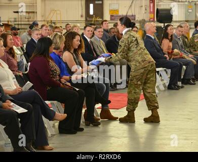 CORPUS CHRISTI, Texas - Army National Scots Guards, SPC. Samira Oda, der Gendarmerie, Puerto Rico, präsentiert Josephine Wahl, Tochter zu Sgt. Maj. Patricia Wahl, eingehende Sergeant Major, mit gelben Rosen ihr zu CCAD bei einem Wechsel der Verantwortung Zeremonie willkommen, hier, 6. November 2018. Stockfoto