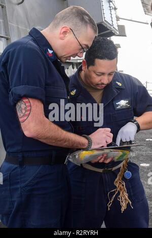 Mittelmeer (Nov. 7, 2018) - Marine Ratgeber 1. Klasse Craig Katzaman, Links, und Senior Chief Hospital Corpsman Javier Cortes triage simulierten Unfall während einer Messe Unfallversicherung bohren an Bord der Arleigh-Burke-Klasse geführte Anti-raketen-Zerstörer USS Ross (DDG71) im Mittelmeer, November 7, 2018. Ross, Vorwärts - Rota, Spanien bereitgestellt werden, wird auf der siebten Patrouille in den USA 6 Flotte Bereich der Maßnahmen zur Unterstützung der US-amerikanischen nationalen Sicherheitsinteressen in Europa und in Afrika. Stockfoto