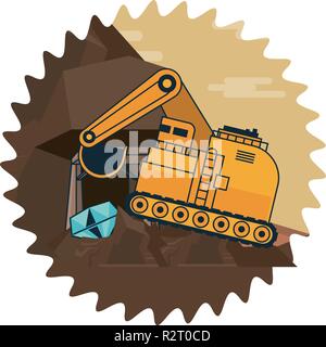 Bergbau Tieflöffel Fahrzeug auf Diamanten mine Runde label Frame Vector Illustration graphic design Stock Vektor