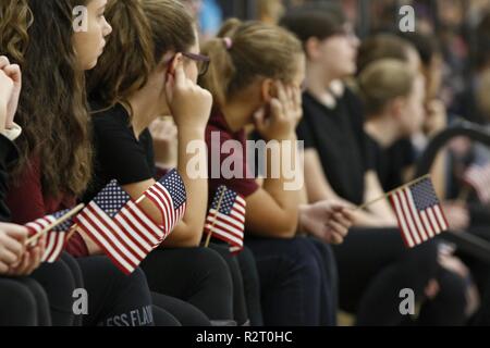 Studenten halten Miniatur amerikanische Flaggen während der Sackets Harbor Central School der 11. jährlichen Veteran Tag Feier, November 9, 2018, in Sackets Harbor, New York. Der Kindergarten 12 Studenten geehrt Veteranen während der Zeremonie. Oberstleutnant James Beaulieu, Kommandant der 41. Engineer Battalion, 2nd Brigade Combat Team, 10 Mountain Division hielt eine Rede an die Kursteilnehmer über die Widerstandsfähigkeit. Stockfoto