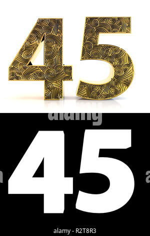 Goldene Zahl fünfundvierzig (45 Jahre) auf weißem Hintergrund mit Muster zentangle, Schlagschatten und Alpha Kanal. 3D-Darstellung. Stockfoto
