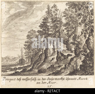 Wasserfall. Stand: 1681. Medium: Radierung. Museum: Nationalgalerie, Washington DC. Autor: Melchior Küsel nach Johann Wilhelm Baur. Stockfoto