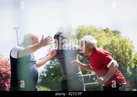 Gerne aktive ältere Männer Freunde feiern ins sonnige Park Stockfoto