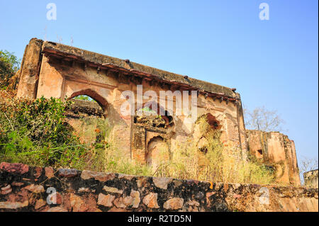 Alte Ruinen, Ranthambore Fort, Rajisthan, Indien. Zerbröckelnde fortess Gebäude in der Natur Lebensraum, mit blauem Himmel Hintergrund Stockfoto