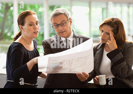 Gruppe von Architekten von Blueprints. Stockfoto