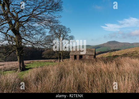 Blick in eine weit entfernte Shutlingsloe Hügel in Cheshire, Peak District National Park. Stockfoto