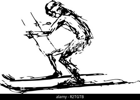 Schwarz und Weiß abstract vector Zeichnung eines Skifahren Mann. Stock Vektor