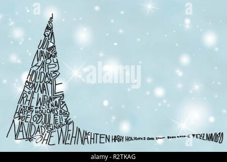 Baum mit Frohe Weihnachten in verschiedenen Sprachen, grauer Hintergrund Stockfoto