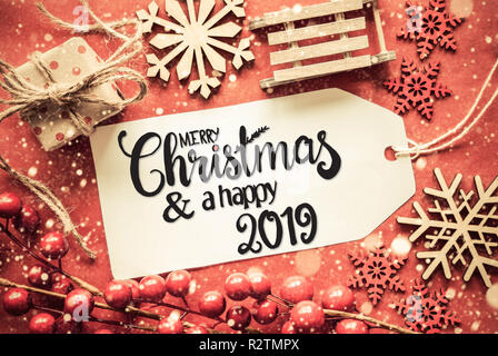 Flach, helle Einrichtung, Kalligraphie frohe Weihnachten und ein gutes Jahr 2019 Stockfoto