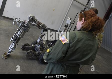 Fallon Emery, ein neues Ehrenmitglied der 437th Operations Support Squadron, betreibt eine Beseitigung von Explosivstoffen Roboter Nov. 7, 2018, in gemeinsamen Basis Charleston, S.C., als Teil der Pilot für einen Tag Programm. Während ihres Besuchs wird die 14-jährige Emery tourte auch eine C-17 Globemaster III Flugzeuge und Flight Simulator, night vision und andere militärische Technologie gelernt und traf mit 437Th Airlift Wing Senior Leaders. Der Flieger für einen Tag Programm erkennt die Resilienz von Kindern dar, die verschiedenen Krankheiten, indem sie ihnen die Air Force Einheiten zu beobachten und ihre Kultur für einen Tag erleben. Stockfoto