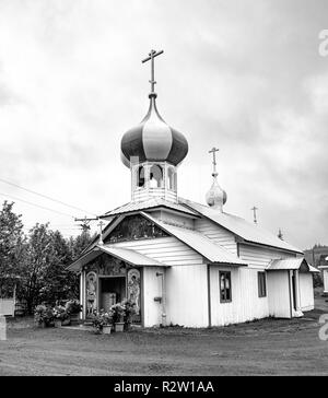 Nicholaevsk, AK-May 23, 2018: Ein Blick auf die Kirche von St. Nikolaus, eine Russisch-orthodoxe Kirche in Nikolaevsk auf der Kenai Halbinsel in Alaska, USA Stockfoto