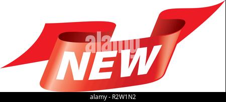 Red Ribbon mit der Beschriftung Neu. Vector Illustration Stock Vektor