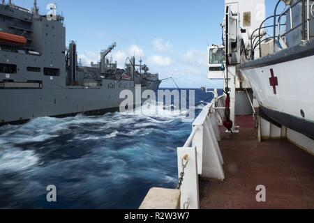 Karibik (Nov. 12, 2018) - Die Dry Cargo/Munition ship USNS William McLean (T-AKE 12) führt eine Auffüllung-auf-See mit dem Krankenhaus ship USNS Comfort (T-AH 20) auf Kraftstoff zu bringen. Komfort ist auf einem 11-Woche medizinische Unterstützung Mission in Zentral- und Südamerika als Teil des US Southern Command's Enduring Promise Initiative. Arbeiten mit Gesundheit und Regierung Partner in Ecuador, Peru, Kolumbien und Honduras, die EINGESCHIFFTEN medizinisches Team kümmert sich an Bord und an Land-basierte medizinische Websites, wodurch der Druck auf die nationalen medizinischen Systeme zum Teil durch eine Erhöhung der Cross-Bor entlasten Stockfoto