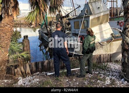 Ein Team bestehend aus Coast Guard und Florida Fisch und Wildlife Conservation Personal der Kommission Durchführung eines Schiffes Bewertung in Port St. Joe, Fla., Nov. 10, 2018. Die Funktion Emergency Support-10 Unified Command, gebildet von der US-Küstenwache und der Fwc, arbeiten zusammen, um die Verschmutzung Bedrohungen in betroffenen Gebieten durch den Hurrikan Michael in Angriff zu nehmen. Stockfoto