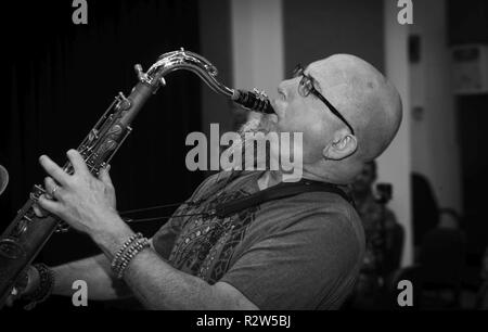 Grammy Award-winning Musiker Jeff Coffin spielt Tenorsaxophon während einer Trainingseinheit am Joint Base Langley-Eustis, Virginia, 26. Oktober, 2018. Sarg ist international als Mitglied der Dave Matthews Band erkannt und ist auch ein fünf Grammy Award-winning Saxophonist, Komponist und Autor. Stockfoto