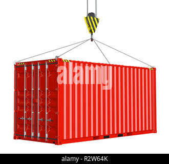 Service Delivery - red Cargo Container durch Haken hochgezogen Stockfoto