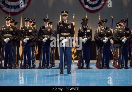 Soldaten in die 3d-US-Infanterie Regiment (Die Alte Garde), stehen an der Mühelosigkeit während der Begrüßungszeremonie in Conmy Halle auf einer gemeinsamen Basis Myer-Henderson Hall, Va., Nov. 13, 2018 zugeordnet. Die Zeremonie wurde für Allgemeine Riho Terras, Kommandant der Streitkräfte von Estland statt. Stockfoto