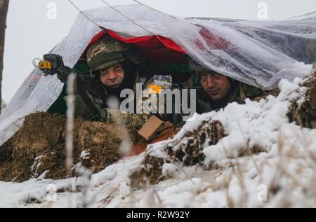 Georgische Armee Junior Sgt. Manuhar Mahsitidze (links) und Cpl. Giorgi Hxubadze mit der 32 Infanterie Bataillon der Perimeter aus ihrer Zielsetzung für potenzielle Bedrohungen während eines Combat Training Center Rotation an Norio Murakami Training Area, Georgien, November 15, 2018. Us-Soldaten mit dem zweiten Bataillon, 8th Cavalry Regiment, 1.Kavallerie Division mit der Ausbildung als Teil der Georgia Verteidigung Readiness Programms unterstützt die Interoperabilität mit unseren Verbündeten und Partnern zu verbessern und den Vorteil gegen zukünftige Bedrohungen erhalten. Stockfoto