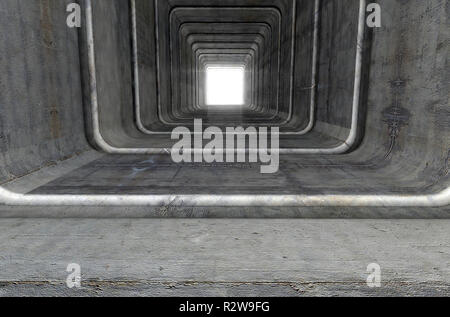 Der Blick in eine konkrete Tunnel aus quadratischen geometrische Formen mit einem Licht in der Ferne, am Ende - 3D-Rendering Stockfoto