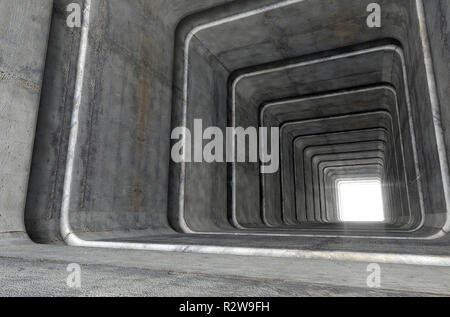 Der Blick in eine konkrete Tunnel aus quadratischen geometrische Formen mit einem Licht in der Ferne, am Ende - 3D-Rendering Stockfoto