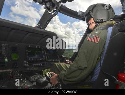 RIMBA AIR BASE, Brunei (Nov. 14, 2018) - Hintere Adm. Joey Tynch, Commander Task Force 73, Piloten eine Royal Brunei Air Force S-70 ich Black Hawk Hubschrauber während der Zusammenarbeit flott Bereitschaft und Weiterbildung (Karat) Brunei 2018. CARAT Brunei 2018 markiert den 24. Iteration der maritime Übung Serie und spiegelt die wachsende Beziehung zwischen den USA und Royal Brunei Marine zu bilateralen und multilateralen Übungen in kooperativer Sicherheit im Seeverkehr, die Sicherheit, Stabilität und Wohlstand weiter ausbauen. Stockfoto