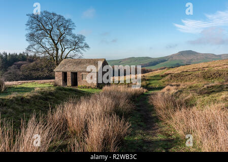 Blick in eine weit entfernte Shutlingsloe Hügel in Cheshire, Peak District National Park. Stockfoto