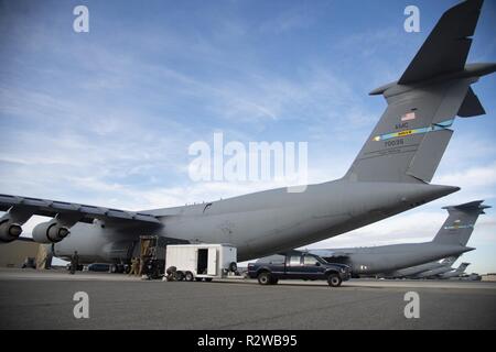 Flieger mit den 142 Aeromedical Evacuation Squadron, California Air National Guard, New Castle, Del., Last medizinische Geräte auf eine C-5 M Super Galaxy auf den 9 Airlift Squadron, Dover Air Force Base, Del zugewiesen, in der Vorbereitung für ein Training sortie an November 8, 2018. Die Partnerschaft zwischen der 9. und 142 AE bietet einzigartige Möglichkeiten auf dem C-5 M Super Galaxie, die üblicherweise nicht für aeromedical Evacuation verwendet wird. Stockfoto