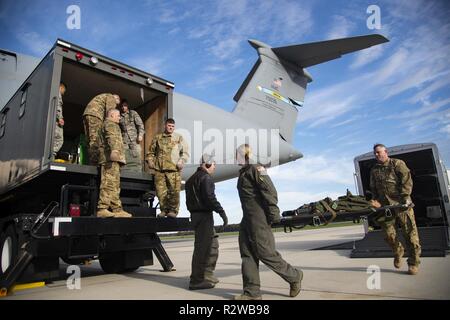 Flieger mit den 142 Aeromedical Evacuation Squadron, California Air National Guard, New Castle, Del., Last medizinische Geräte auf eine C-5 M Super Galaxy auf den 9 Airlift Squadron, Dover Air Force Base, Del zugewiesen, in der Vorbereitung für ein Training sortie an November 8, 2018. Die Partnerschaft zwischen der 9. und 142 AE bietet einzigartige Möglichkeiten auf dem C-5 M Super Galaxie, die üblicherweise nicht für aeromedical Evacuation verwendet wird. Stockfoto