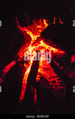 Holz Brennen in der Nacht. Lagerfeuer im Freien mit Flammen. In der Nähe von hellen Feuer wärmt in der Dunkelheit. Camping in Safari. African Adventure. Feuer Hintergrund. Vertikale erschossen. Stockfoto