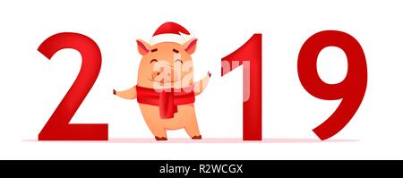 Frohes Neues Jahr Grußkarte. 2019 Mit niedlichen Schwein tragen Weihnachtsmann Mütze und Schal steht auf Platz 0. Vector Illustration Stock Vektor