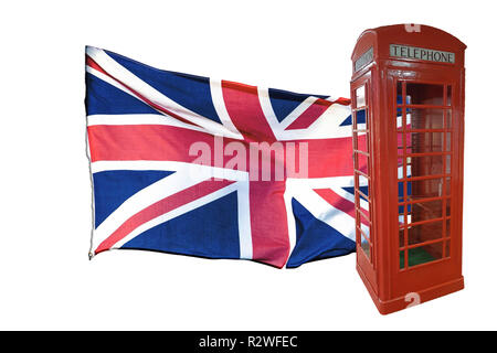 Britische Flagge und rote Telefonzelle. Isoliert weißer Hintergrund. Comet Reisen in das Vereinigte Königreich Stockfoto