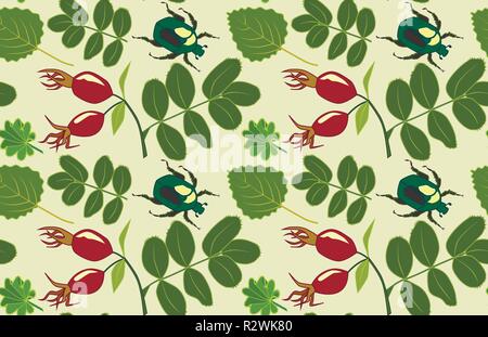 Die nahtlose Vektor Muster mit hagebutte Beeren, Blätter und Blüten Käfer, hellen Hintergrund Stock Vektor