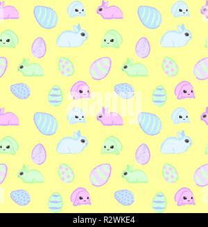 Die nahtlose Vektor Ostern Muster mit Kaninchen und gefärbten Eiern Stock Vektor