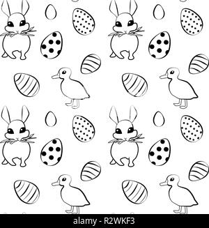 Die nahtlose Vektor Ostern Muster mit Kaninchen, Enten und gefärbten Eiern Stock Vektor