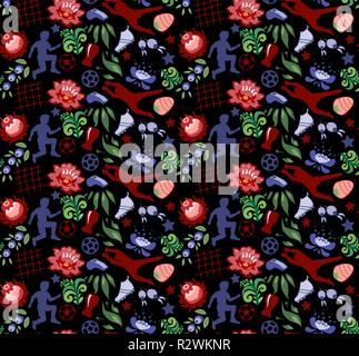 Die nahtlose Vektor Fußball Muster mit Stiefeln, Bälle, Spieler und Blumen Stock Vektor