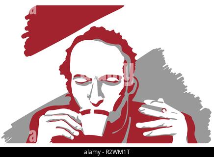 Vector Illustration eines Mannes mit Tasse Kaffee und Zigarette. Nicht reale Person. Stock Vektor