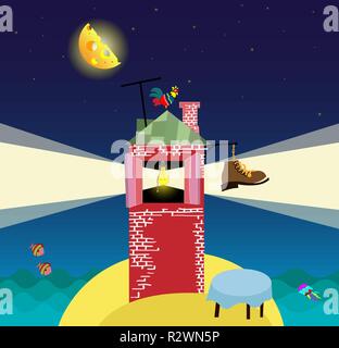 Cartoon Landschaft mit Leuchtturm, Nacht, das Meer und den Sternenhimmel. Stock Vektor