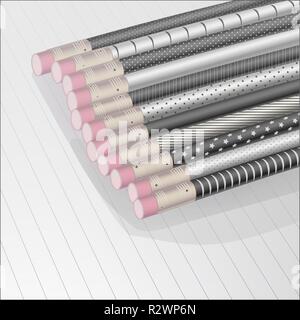 Schwarze Bleistifte mit Mustern auf Notebook in der Linie, Vektor, Abbildung Stock Vektor