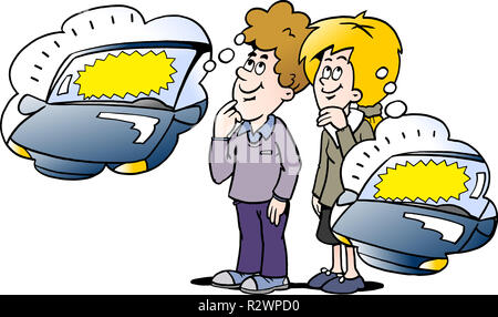 Cartoon Vector Illustration einer Familie gibt, darüber nachzudenken, wie Ihr neues Auto finanziert werden kann. Stockfoto