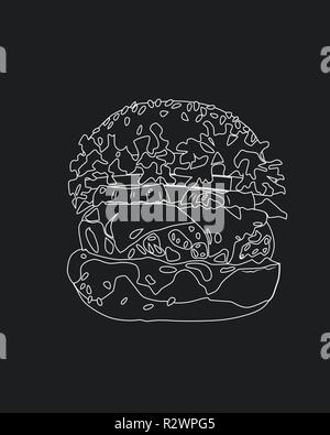 Burger auf dunklem Hintergrund, schwarze und weiße Vector Illustration Stock Vektor