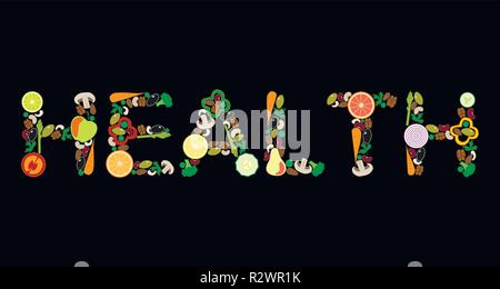 Schriftzug "Gesundheit" aus Gemüse und Obst, Vector Illustration, schwarzer Hintergrund Stock Vektor