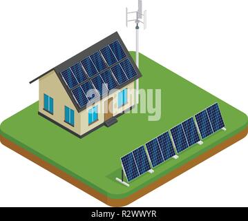 Isometrische umweltfreundliche Haus mit Windkraftanlagen und Solaranlagen. Grüne Energie Konzept. Stock Vektor