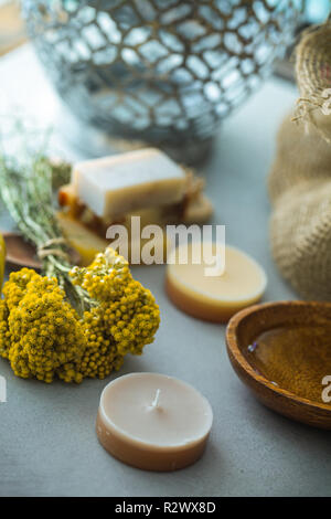 Wellness natürliches Konzept. Dayspa Kosmetik Produkte. Spa und Wellness. Stockfoto