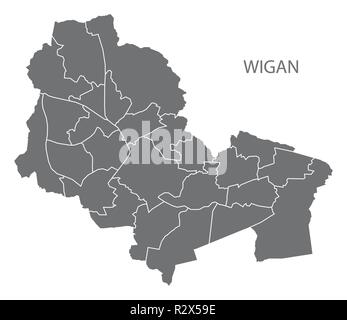 Wigan Stadtplan mit Stationen grau Abbildung silhouette Form Stock Vektor