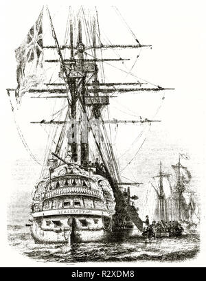 Alte illlustration von HMS Bellerofon, Royal Navy Schiff (boarding Napoleon kapitulation). Von unbekannter Autor, Hrsg. auf Magasin Pittoresque, Paris, 1846 Stockfoto