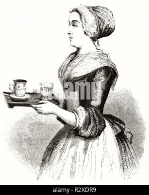 Alte graviert Reproduktion von La Belle Chocolatiere (die Schokolade Frau), durch Jeanne-Etienne Liotard, Publ. Auf Magasin Pittoresque, Paris, 1846 Stockfoto