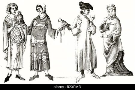 Vier französische Figuren in mittelalterlicher Kleidung des 13.-14. Jahrhunderts mit Vögeln, eine Falknerszene, Schwarzweiß-Holzschnitt. Paris, 1846. Stockfoto