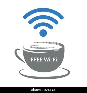 Kostenlose WLAN-Zone Symbol mit Kaffeetasse und blauen Wireless Signal Vektor-illustration EPS 10. Stock Vektor