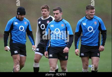 England's Jack Nowell, Piers Francis, George Ford und Owen Farrell während des Trainings in Pennyhill Park, Bagshot Stockfoto